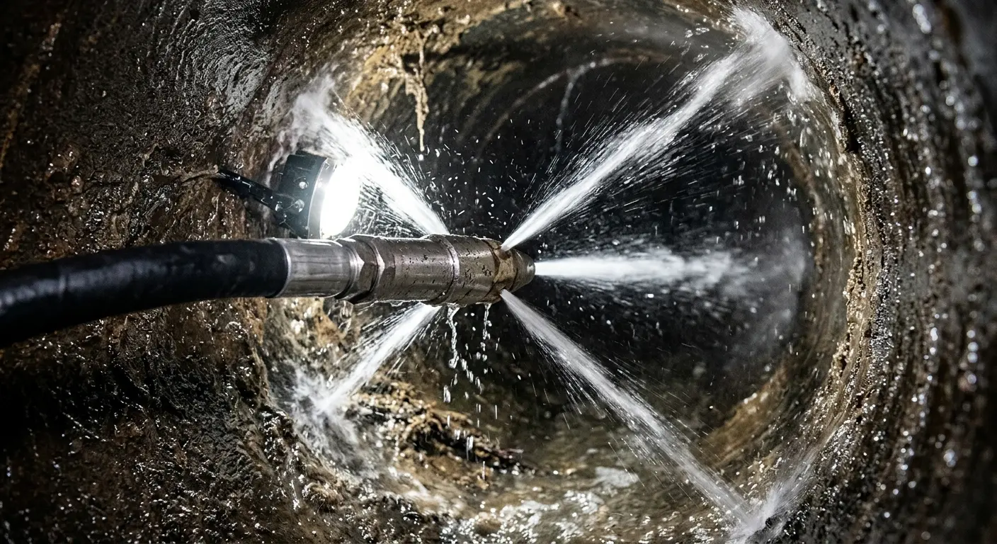 High-pressure hydro jetting nozzle cleaning sewer pipe for Trenchless Sewer Repair in Dennis