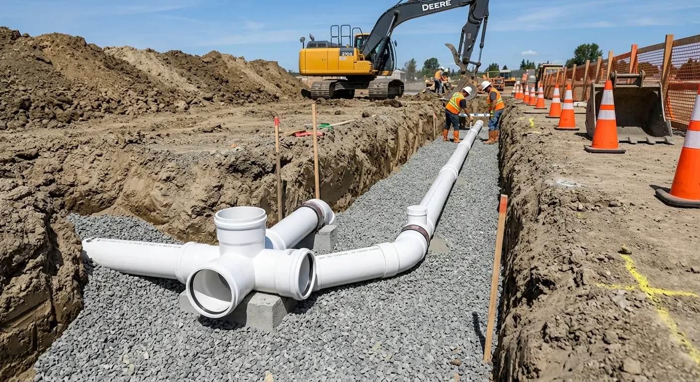 New PVC sewer pipe installation in open trench for Sewer Backup in Dennis